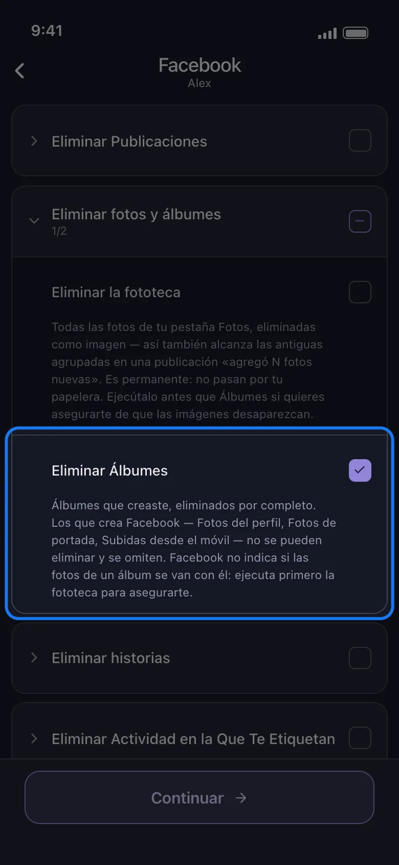 Lista de qué borrar de Facebook en Unpost con la fila Eliminar Álbumes resaltada y marcada ella sola dentro del grupo Eliminar fotos y álbumes, sin ningún selector de álbumes debajo