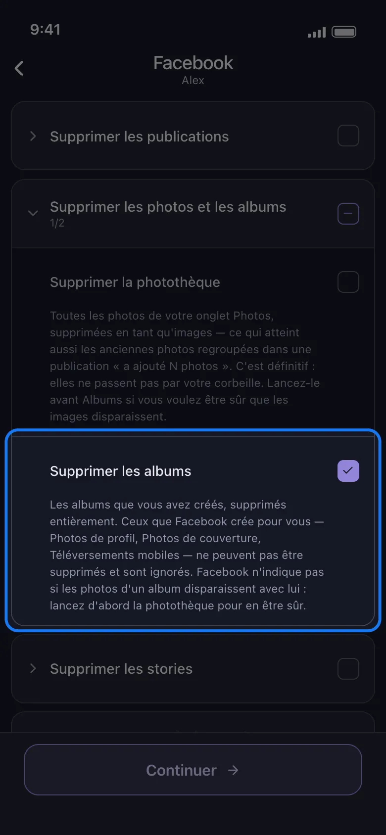 Liste de ce qu'il faut supprimer pour Facebook dans Unpost, avec la ligne Supprimer les albums mise en évidence et cochée seule dans le groupe Supprimer les photos et les albums, sans sélecteur album par album en dessous