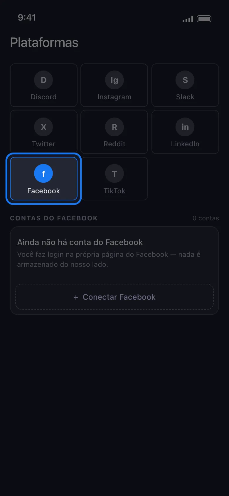 Tela Plataformas do Unpost com o bloco do Facebook destacado entre os blocos de plataformas; abaixo dele, o cartão vazio de contas do Facebook e o botão Conectar Facebook.