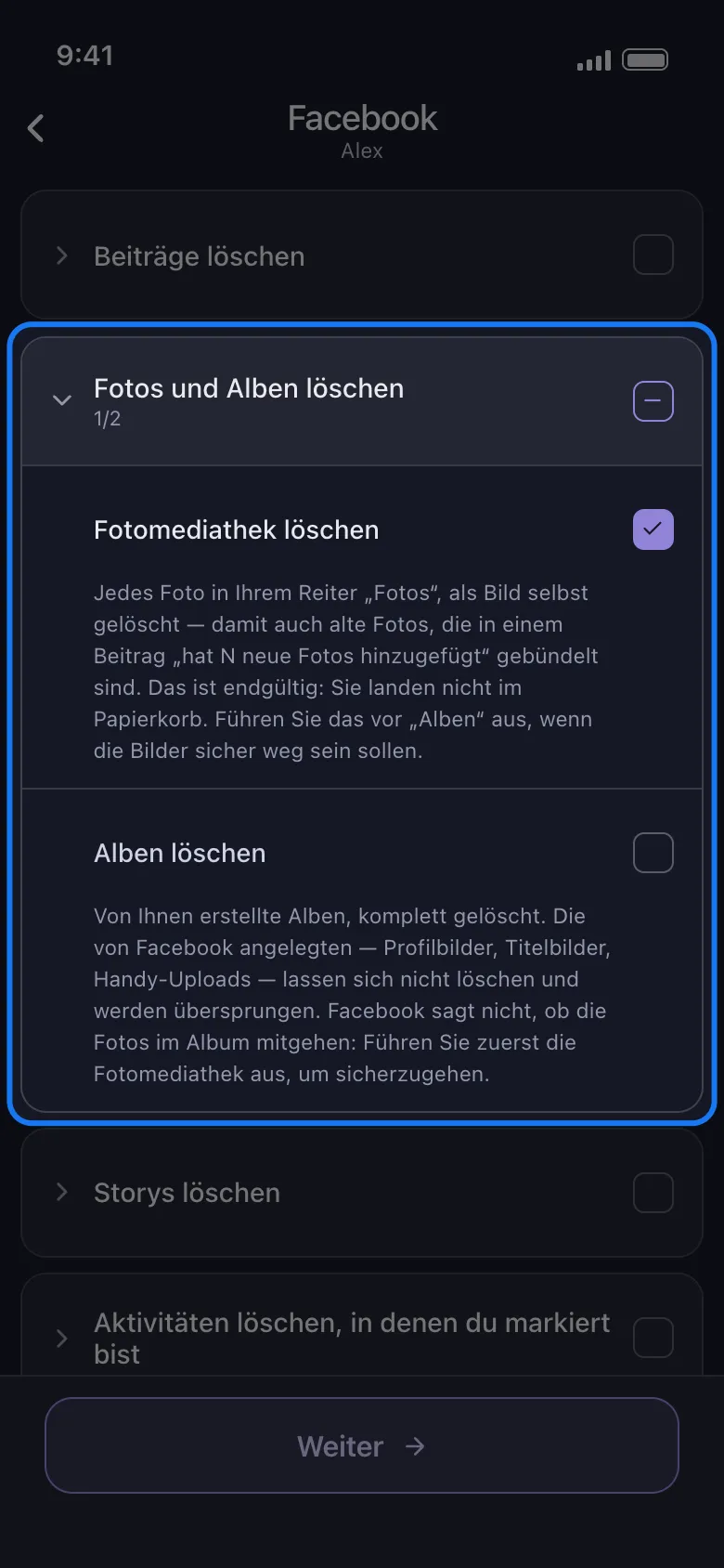 Unposts Facebook-Auswahlliste mit der hervorgehobenen, geöffneten Gruppe „Fotos und Alben löschen“, angehaktem „Fotomediathek löschen“ und „Alben löschen“ darunter