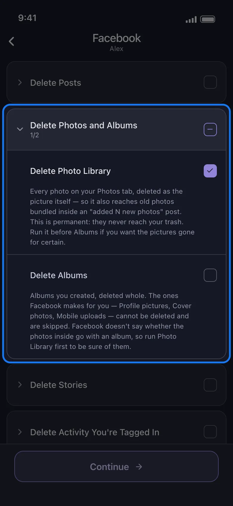 Unpost's Facebook what-to-delete list with the Delete Photos and Albums group highlighted and open, Delete Photo Library ticked and Delete Albums under it