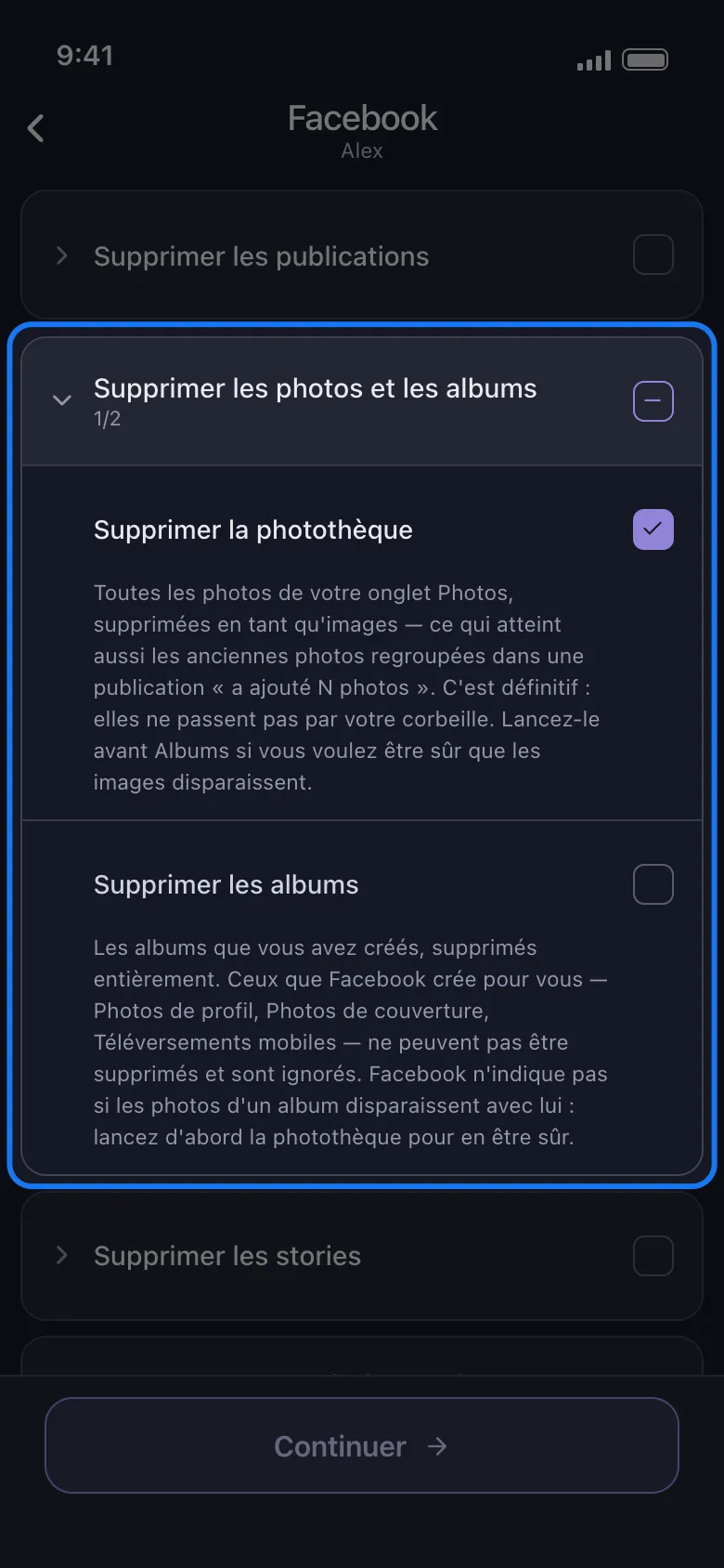 Liste de ce qu'il faut supprimer pour Facebook dans Unpost, avec le groupe Supprimer les photos et les albums mis en évidence et ouvert, Supprimer la photothèque cochée et Supprimer les albums juste en dessous