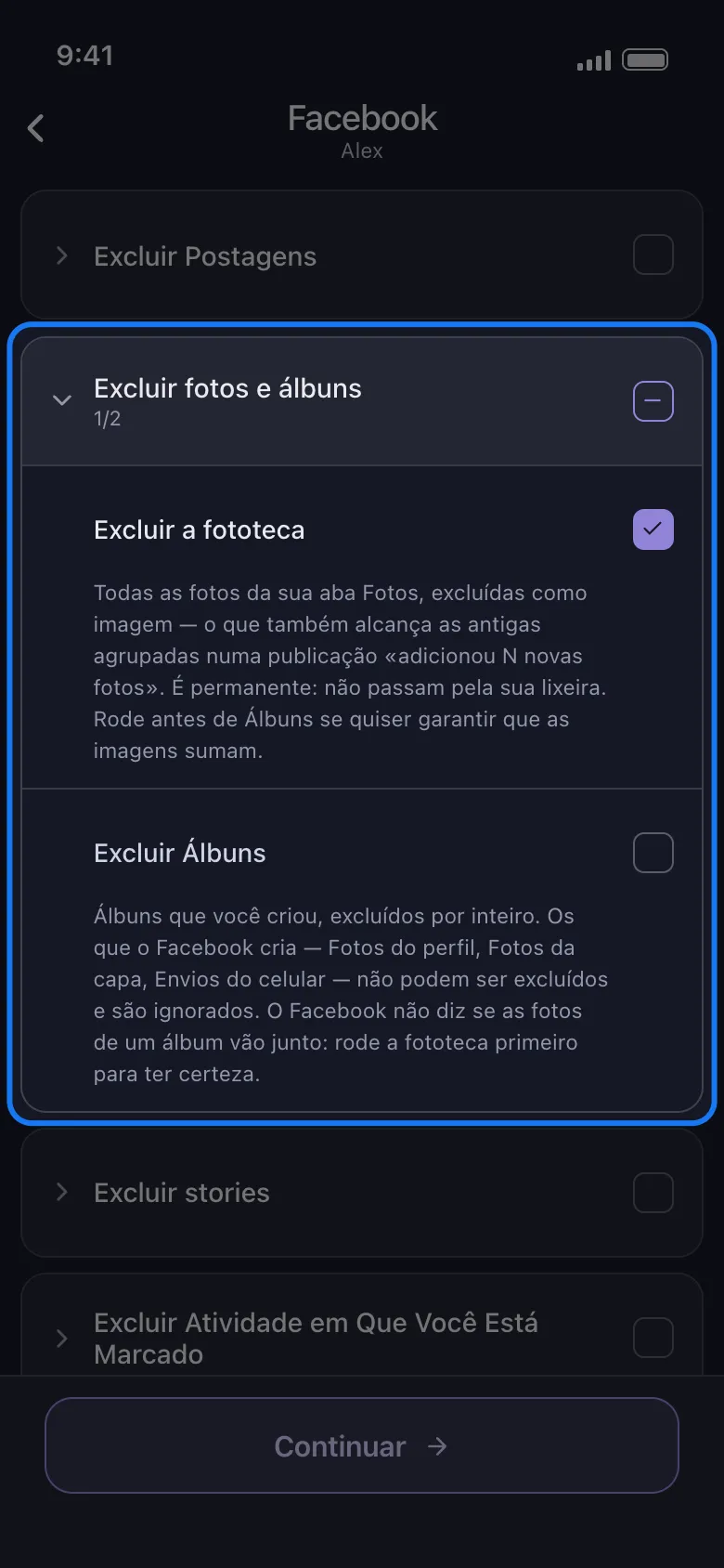 Lista do que excluir do Facebook no Unpost com o grupo Excluir fotos e álbuns destacado e aberto, Excluir a fototeca marcado e Excluir Álbuns logo abaixo