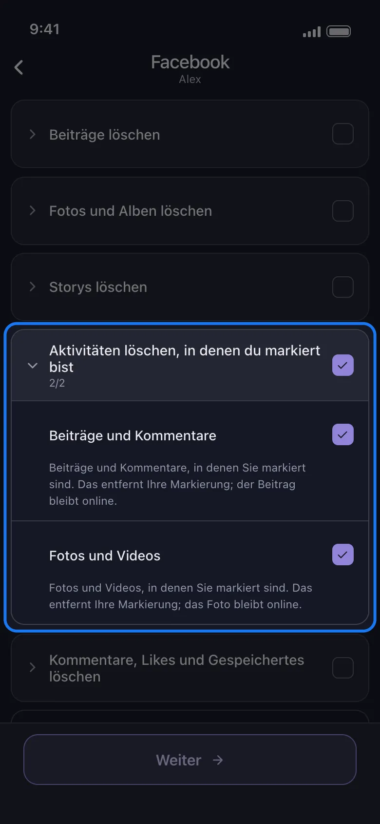 Unpost-Auswahlliste für Facebook mit hervorgehobener, bei 2/2 geöffneter Gruppe „Aktivitäten löschen, in denen du markiert bist“, beide Zeilen angehakt: „Beiträge und Kommentare, in denen Sie markiert sind. Das entfernt Ihre Markierung; der Beitrag bleibt online.“ und „Fotos und Videos, in denen Sie markiert sind. Das entfernt Ihre Markierung; das Foto bleibt online.“