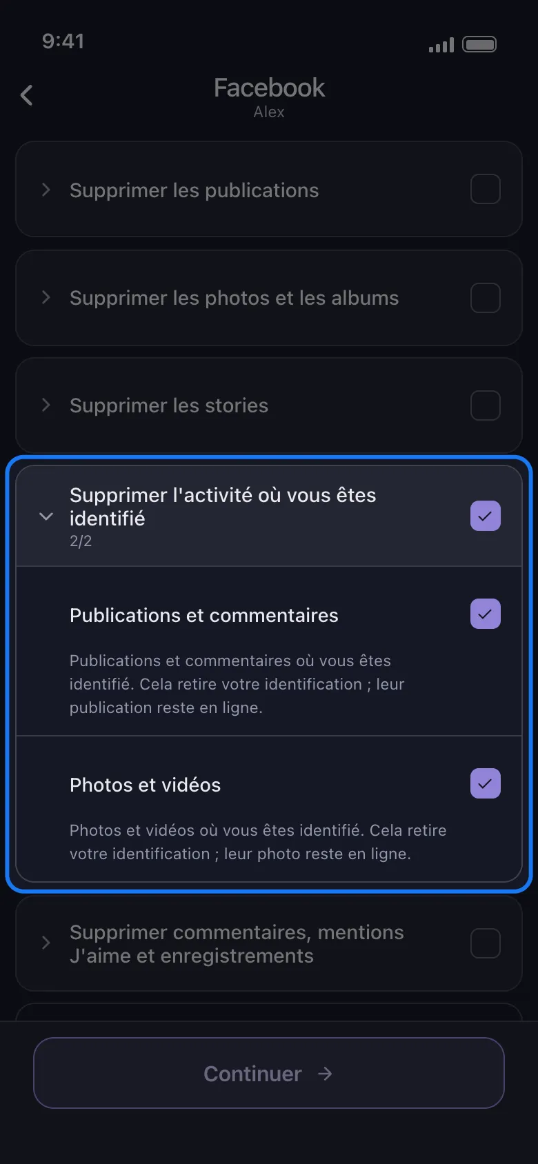 La liste Facebook de ce qu'il faut supprimer dans Unpost, avec le groupe « Supprimer l'activité où vous êtes identifié » mis en évidence et ouvert sur 2/2, les deux lignes cochées : « Publications et commentaires », qui retire votre identification pendant que leur publication reste en ligne, et « Photos et vidéos », qui retire votre identification pendant que leur photo reste en ligne