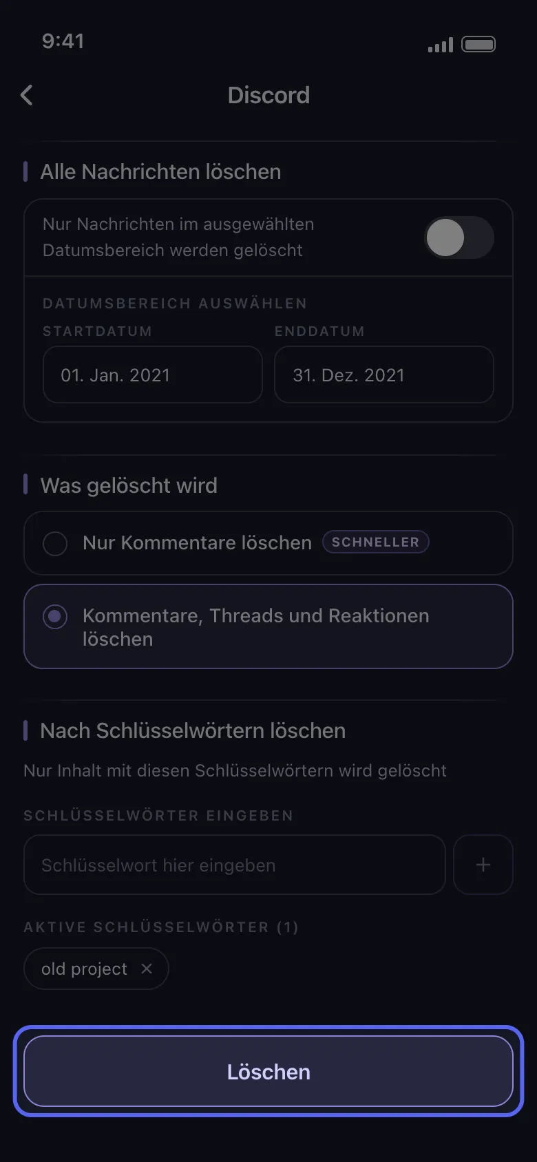 Unpost Discord-Löschoptionen mit Datumsbereich, Löschumfang und Schlüsselwortfiltern und hervorgehobener Schaltfläche „Löschen"