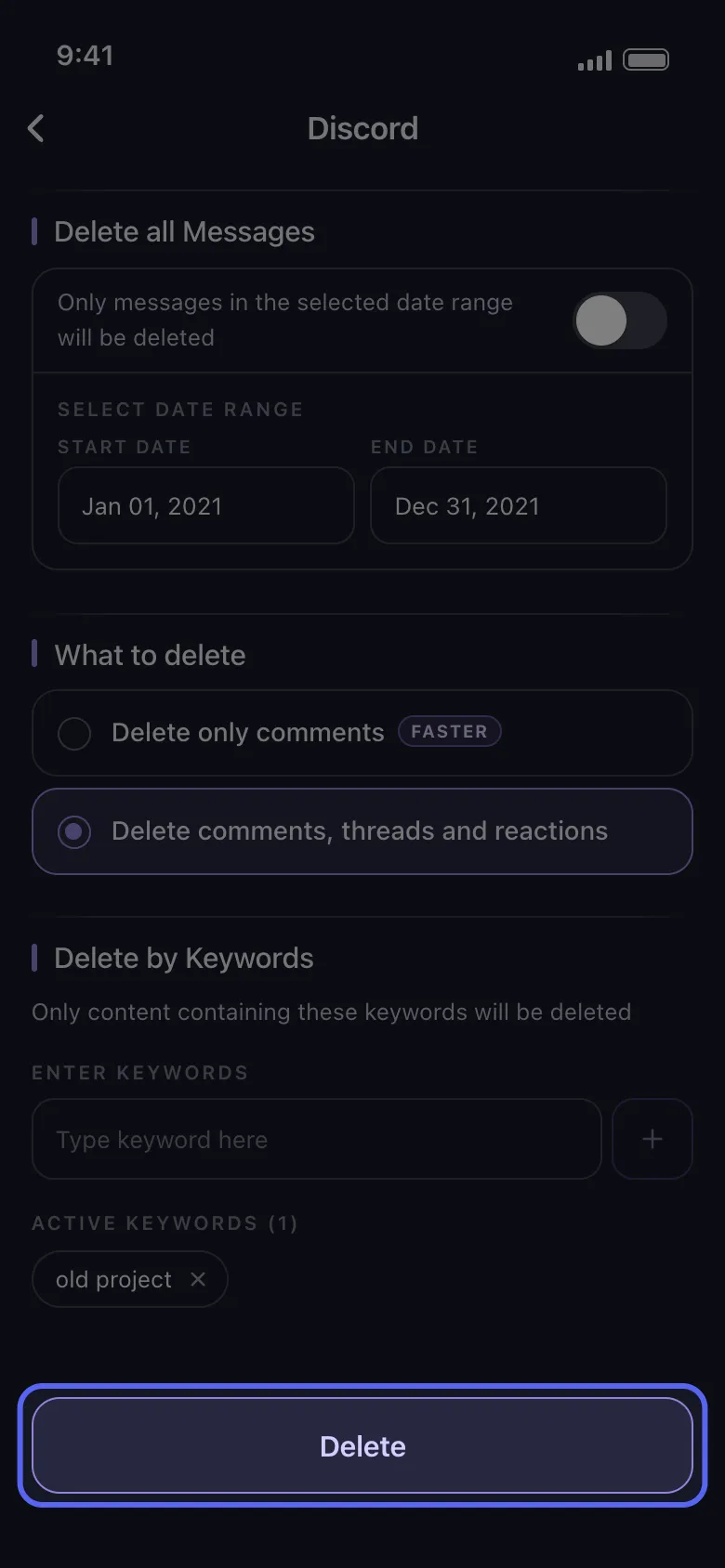 Layar opsi hapus Discord di Unpost dengan rentang tanggal, cakupan hapus, dan filter kata kunci sudah diatur, serta tombol "Delete" (Hapus) yang disorot