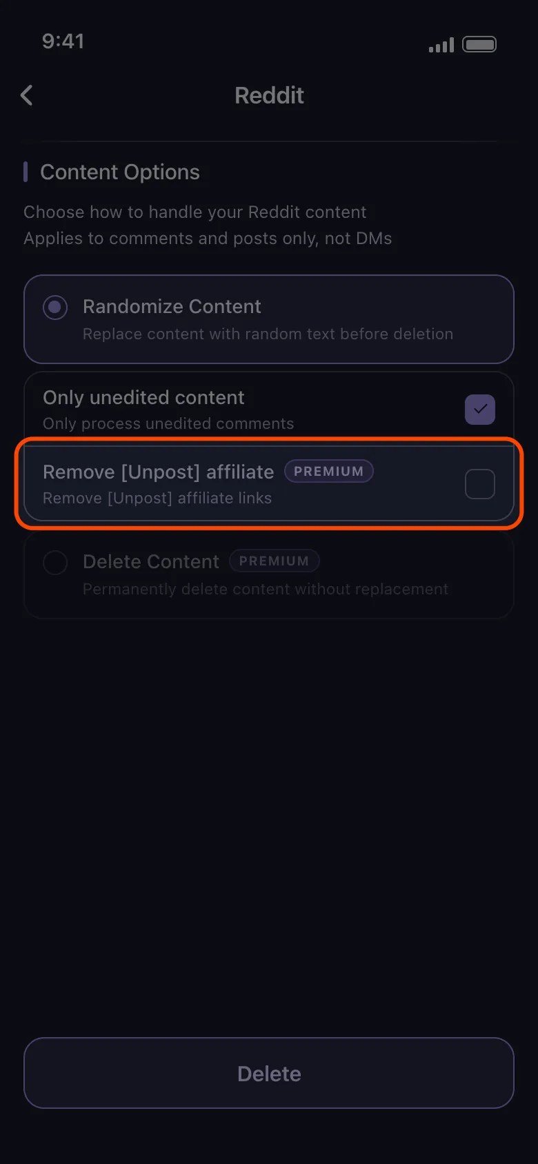 The Remove [Unpost] affiliate option highlighted, marked Premium.