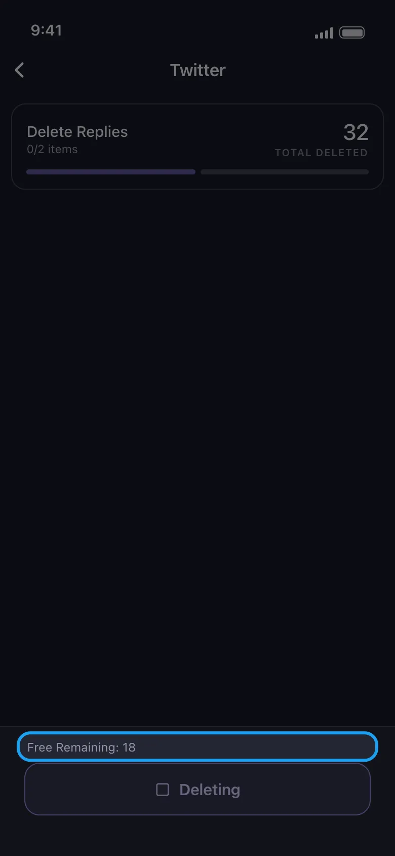 The run screen with Free Remaining: 18 highlighted above the Deleting button.