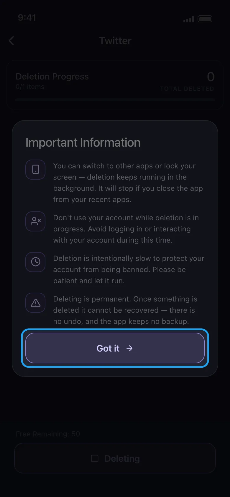 The Important Information popup (Android wording) with the Got it button highlighted.