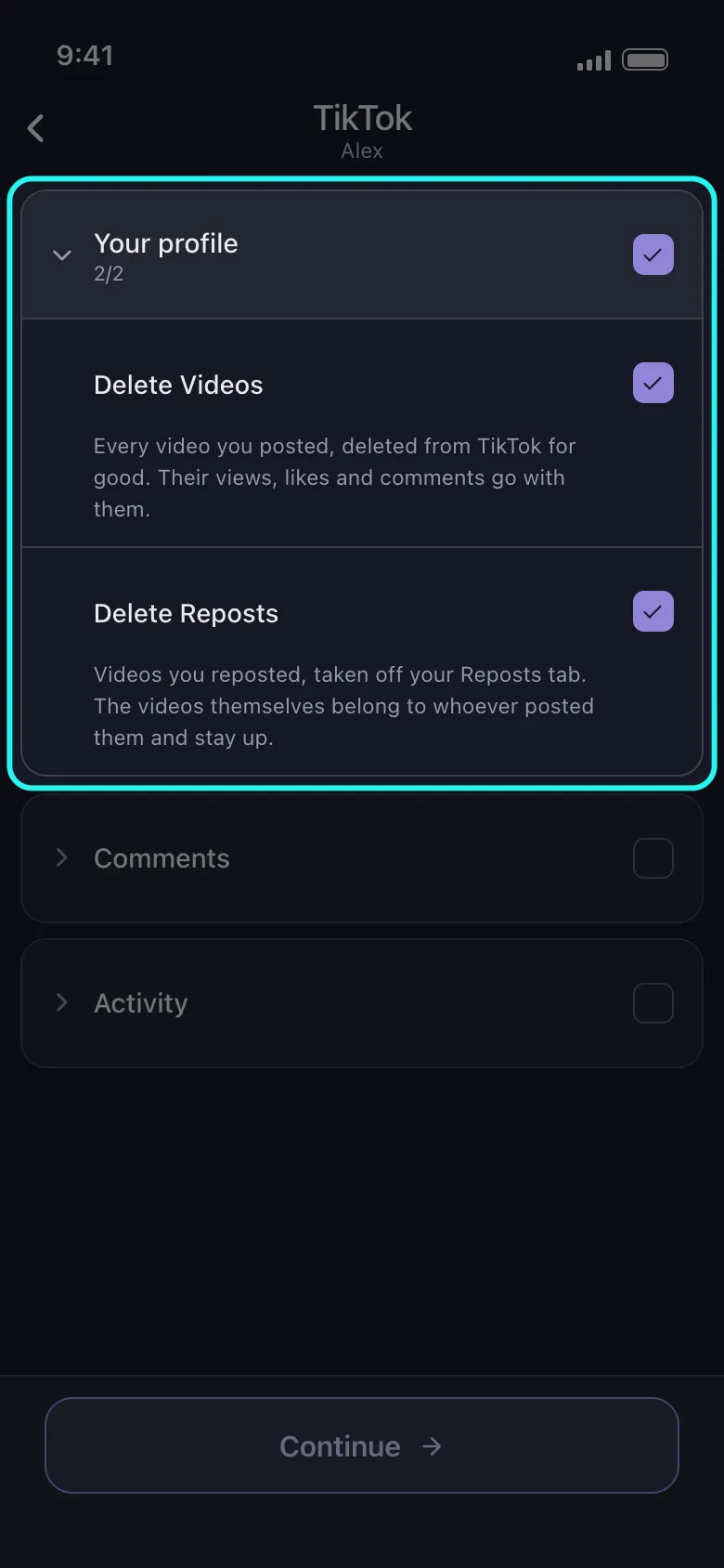TikTok’s Your profile group highlighted, ticked with both of its options and showing 2/2.