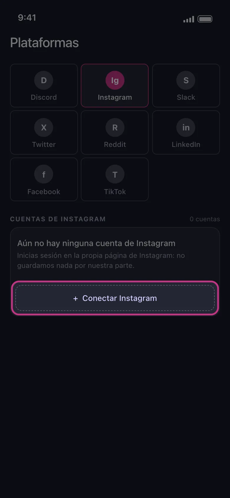 Pantalla de inicio de Unpost con el botón "Conectar Instagram" destacado