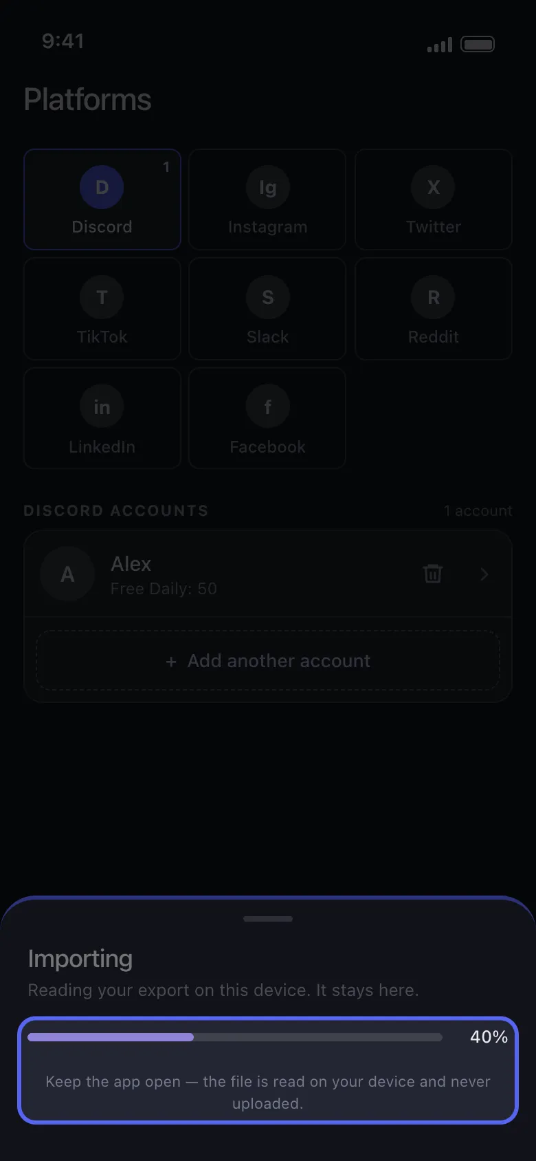The Importing sheet with its progress bar and the keep the app open line highlighted.