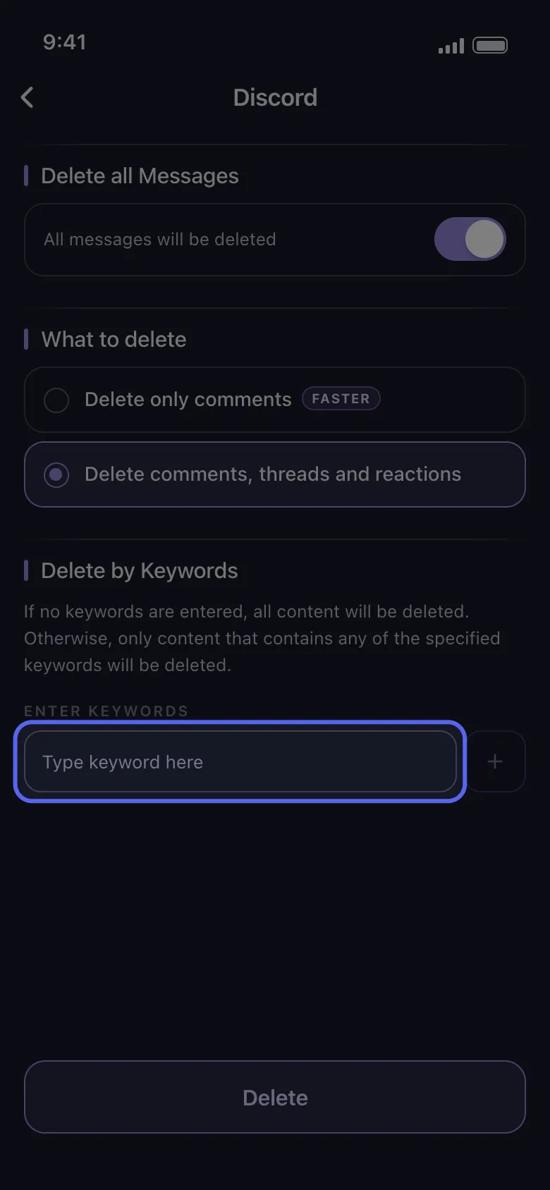 Discord’s options screen with the Type keyword here box highlighted under Delete by Keywords, the + button beside it.