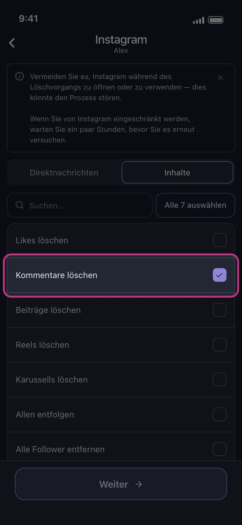 Die ausgewählte Zeile „Kommentare löschen" in Unpost's Instagram-Inhaltsliste