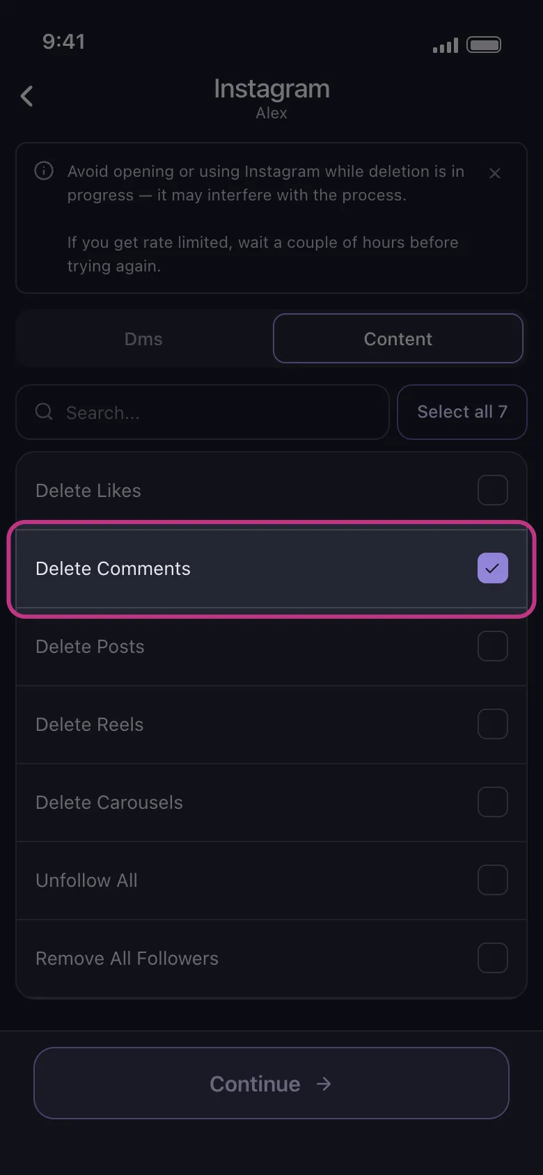 Unpost'un Instagram içerik seçicisinde Yorumları Sil seçili