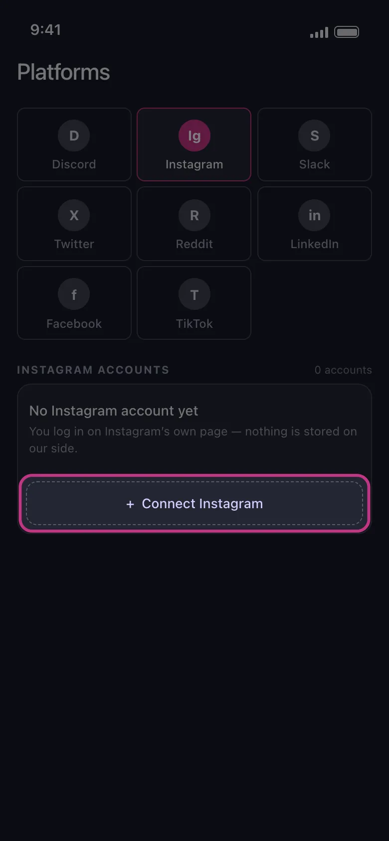 Unpost home screen with the Connect Instagram button highlighted