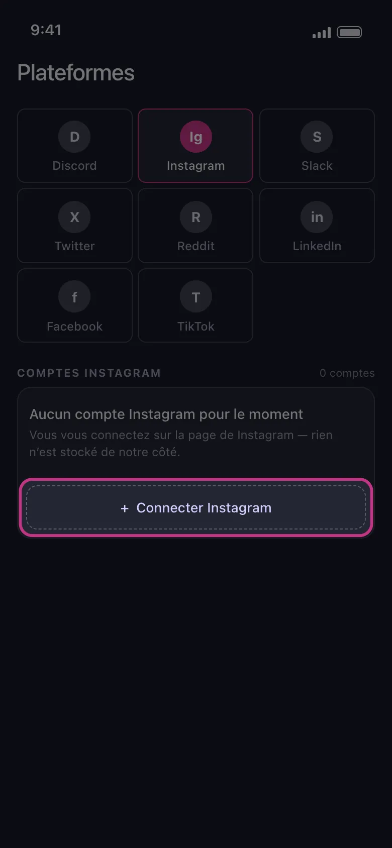 Écran Plateformes d'Unpost avec le bouton Connecter Instagram mis en évidence