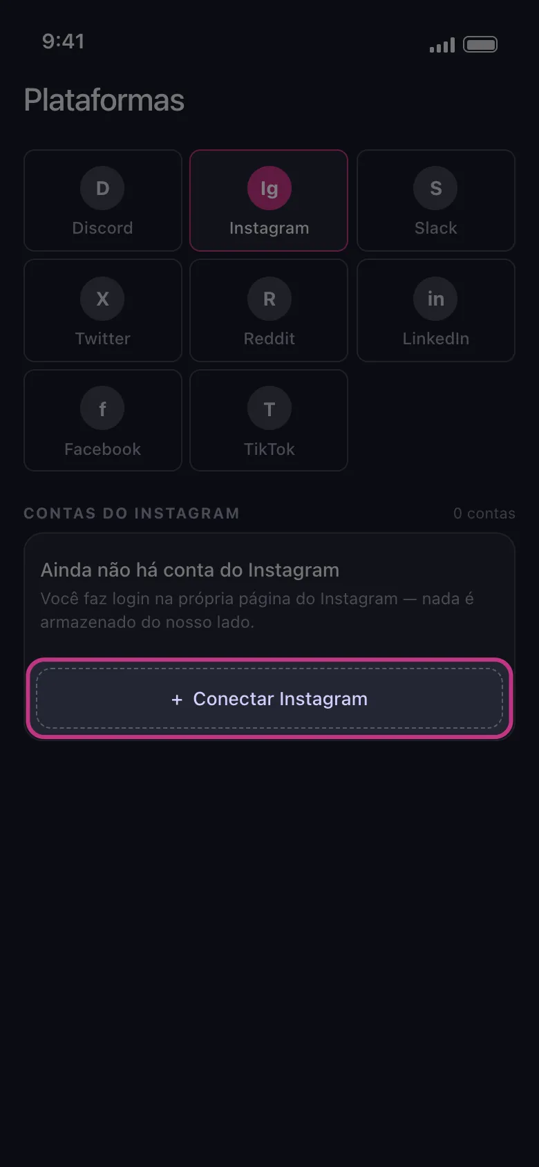 Tela de Plataformas do Unpost com o botão Conectar Instagram em destaque