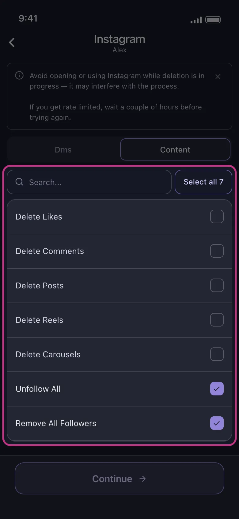 Unpost's Instagram content list with Unfollow All and Remove All Followers selected