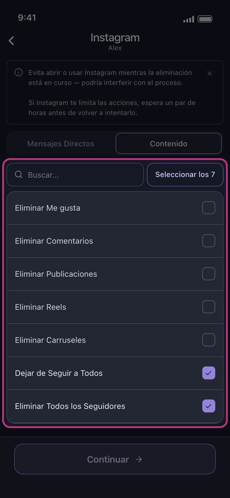 La lista de contenido de Instagram en Unpost con Dejar de Seguir a Todos y Eliminar Todos los Seguidores seleccionados