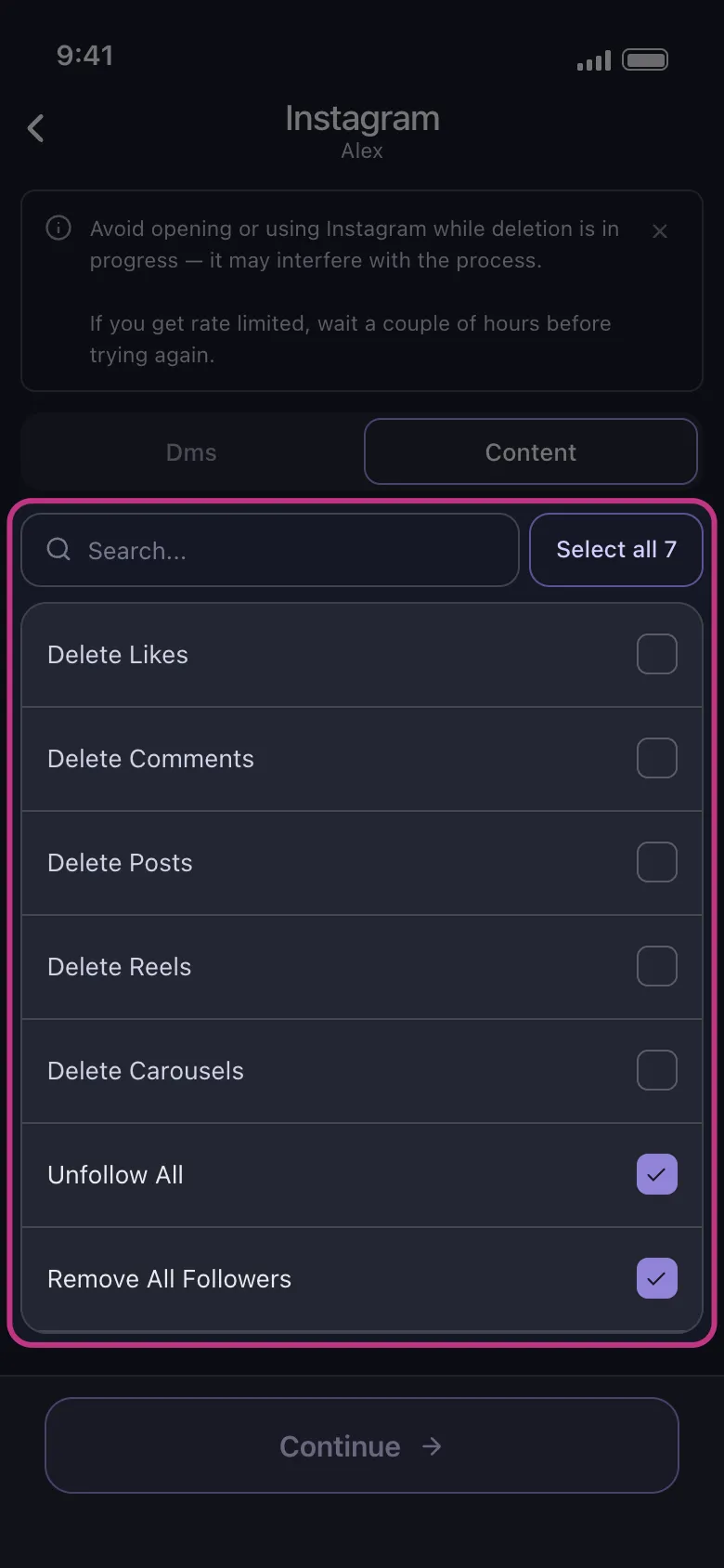 Daftar konten Instagram di Unpost dengan Unfollow All dan Remove All Followers terpilih