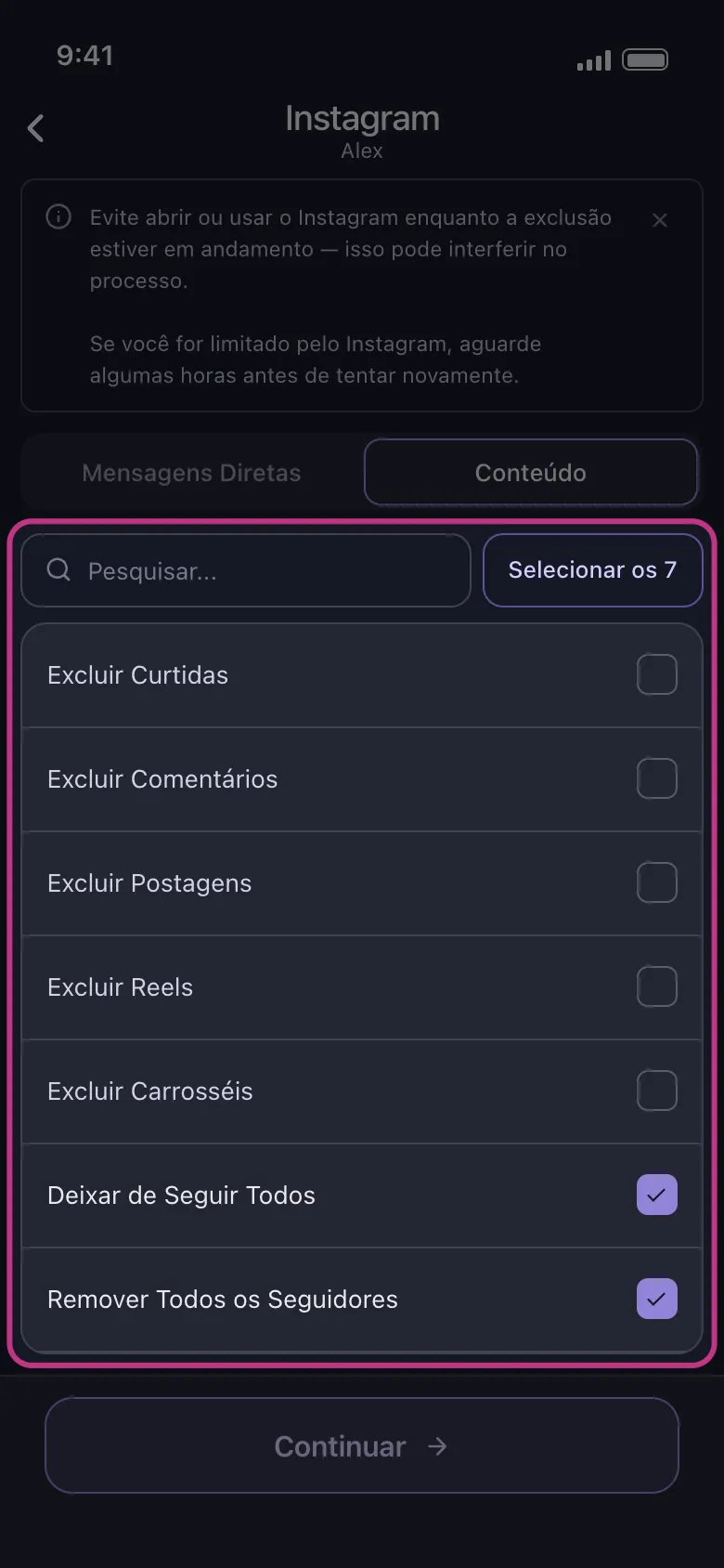 Lista de conteúdo do Instagram no Unpost com Deixar de Seguir Todos e Remover Todos os Seguidores selecionados