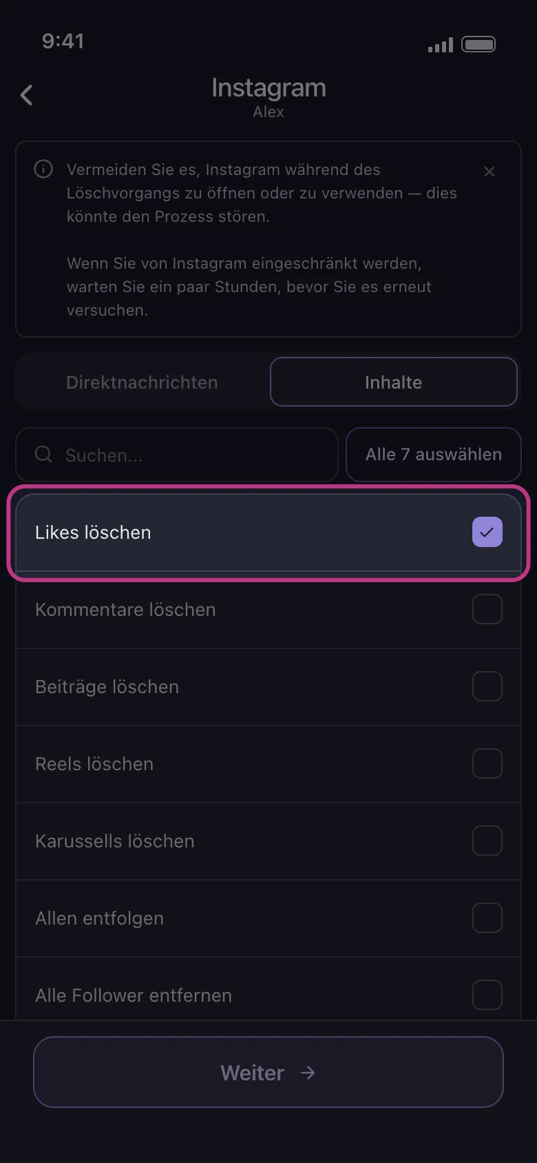 Die ausgewählte Zeile „Likes löschen" in Unpost's Instagram-Inhaltsliste