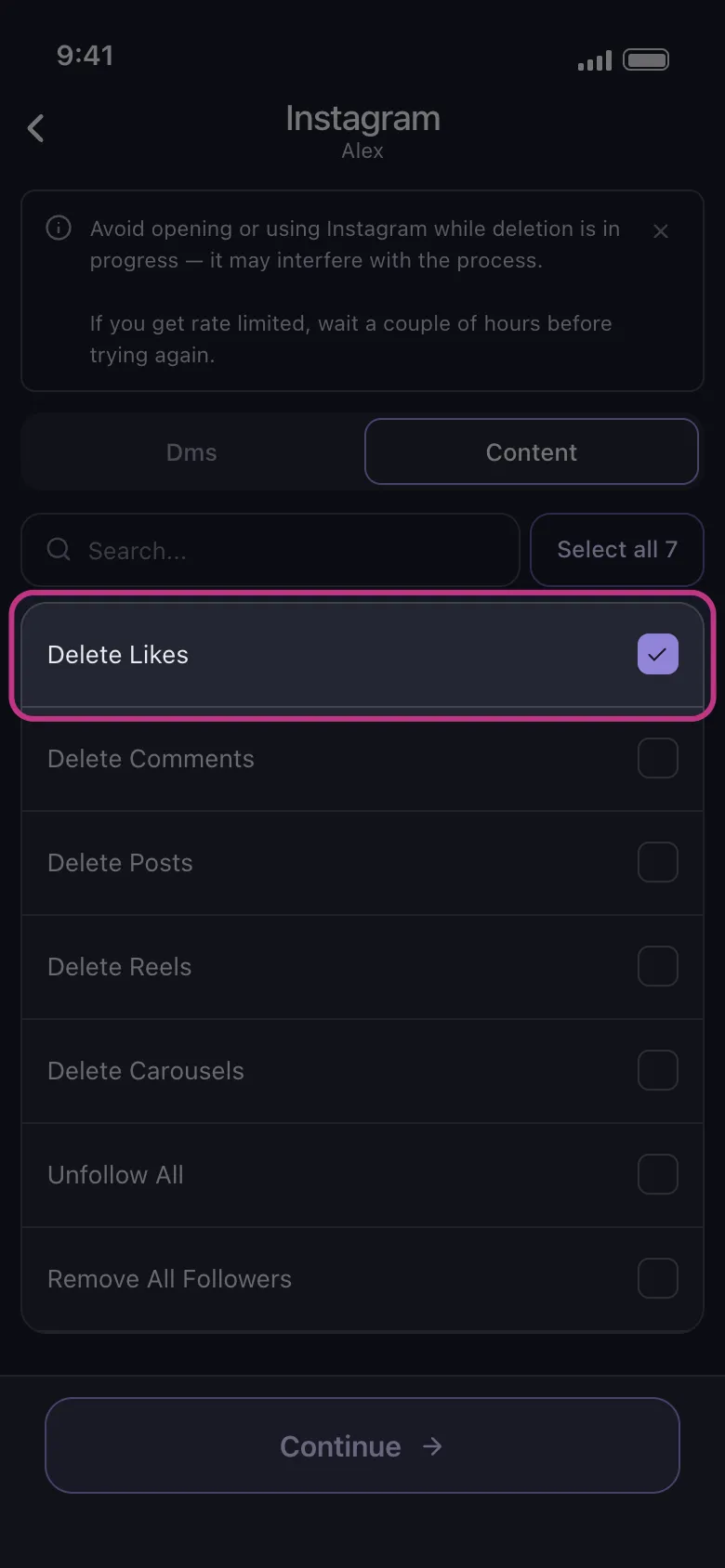 Unpost Instagram content list with Delete Likes selected