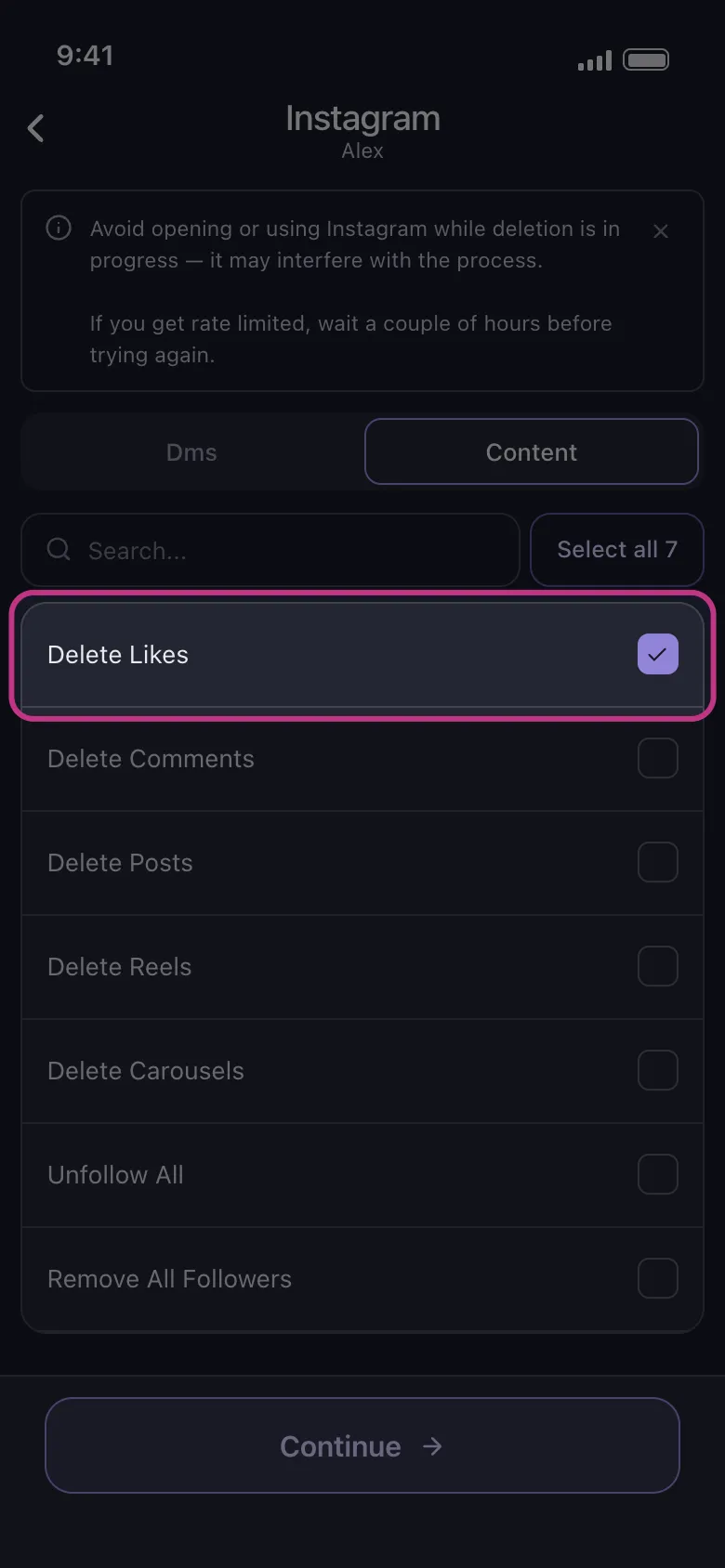 Baris Delete Likes terpilih di daftar konten Instagram Unpost