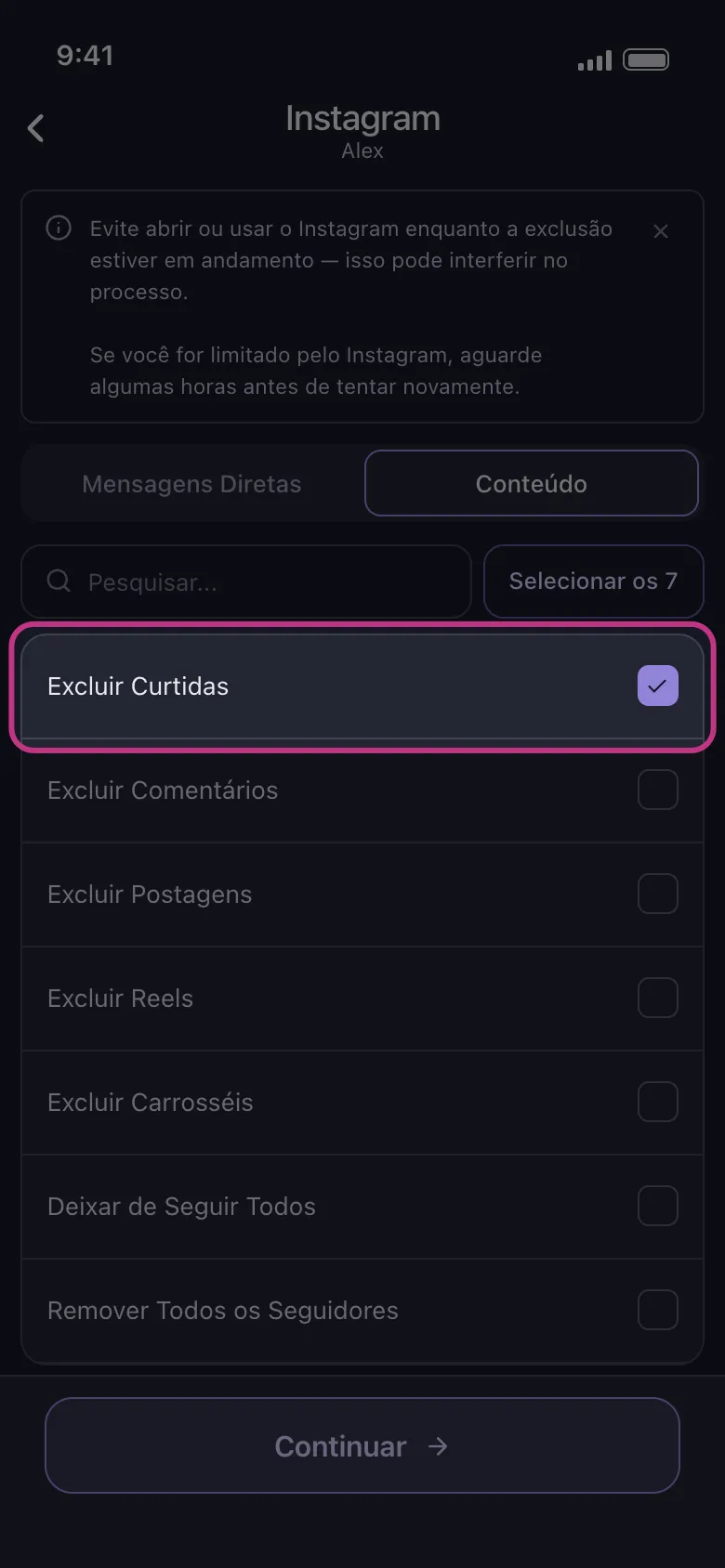 Lista de conteúdo do Instagram no Unpost com Excluir Curtidas selecionado