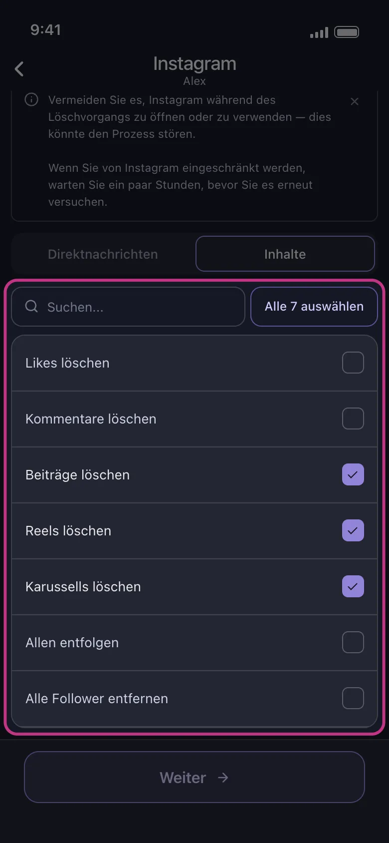 Unpost's Instagram-Inhaltsliste mit ausgewählten Optionen „Beiträge löschen", „Reels löschen" und „Karussells löschen"