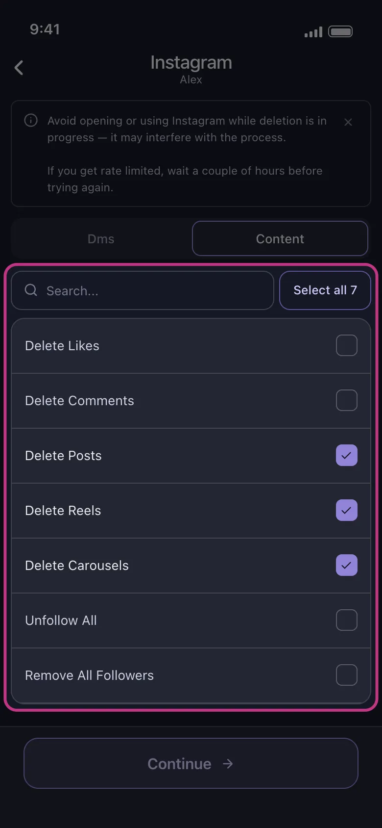 Unpost's Instagram content list with Delete Posts, Delete Reels and Delete Carousels selected