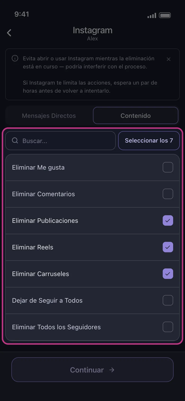 La lista de contenido de Instagram en Unpost con Eliminar Publicaciones, Eliminar Reels y Eliminar Carruseles seleccionados