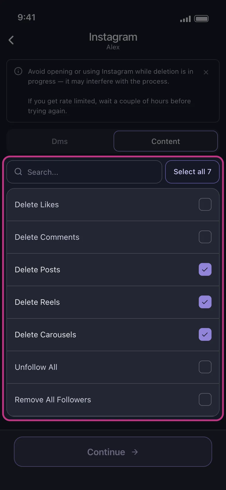 Daftar konten Instagram di Unpost dengan Delete Posts, Delete Reels, dan Delete Carousels terpilih