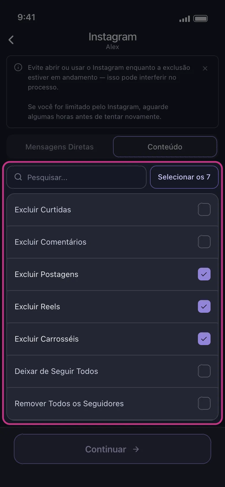 Lista de conteúdo do Instagram no Unpost com Excluir Postagens, Excluir Reels e Excluir Carrosséis selecionados