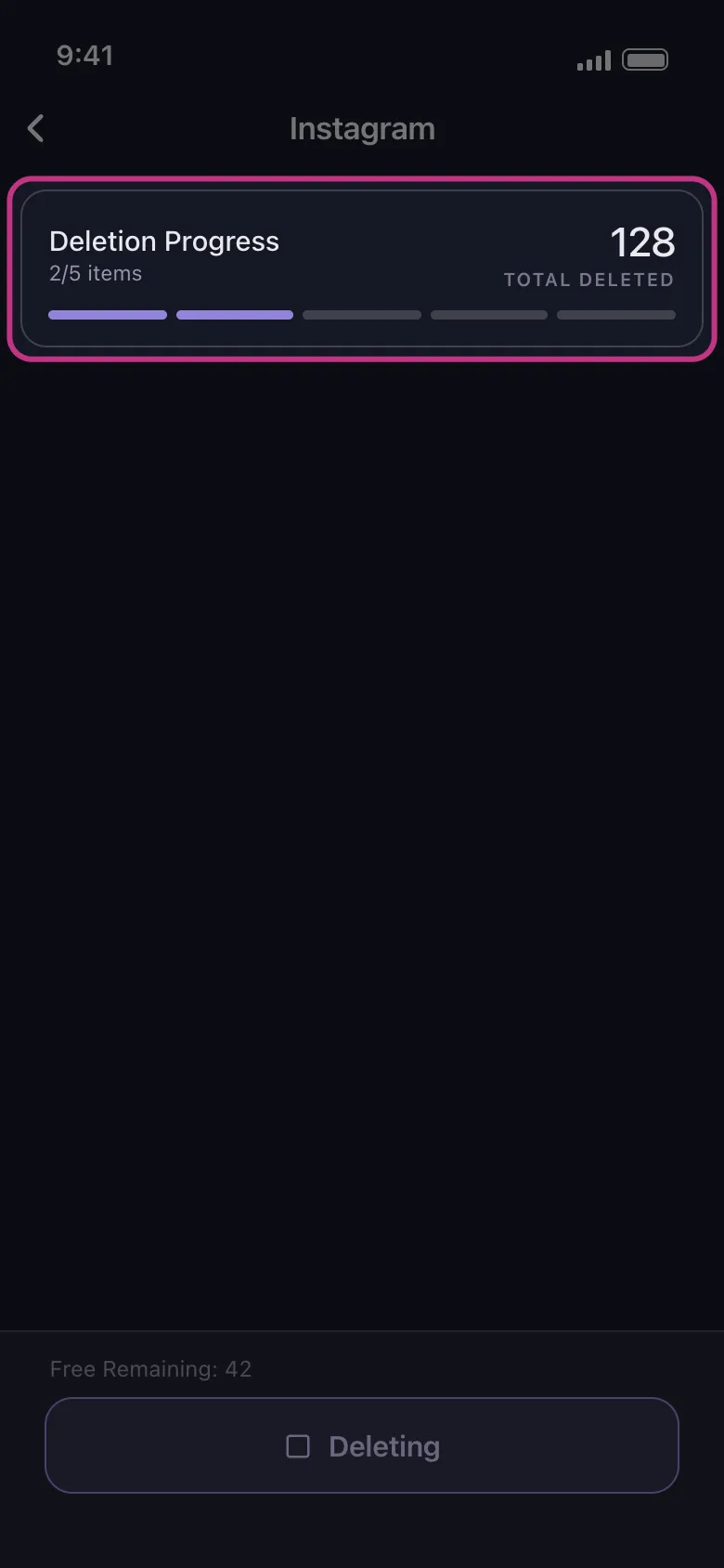 Unpost's deletion progress card during an Instagram cleanup, two of five categories finished