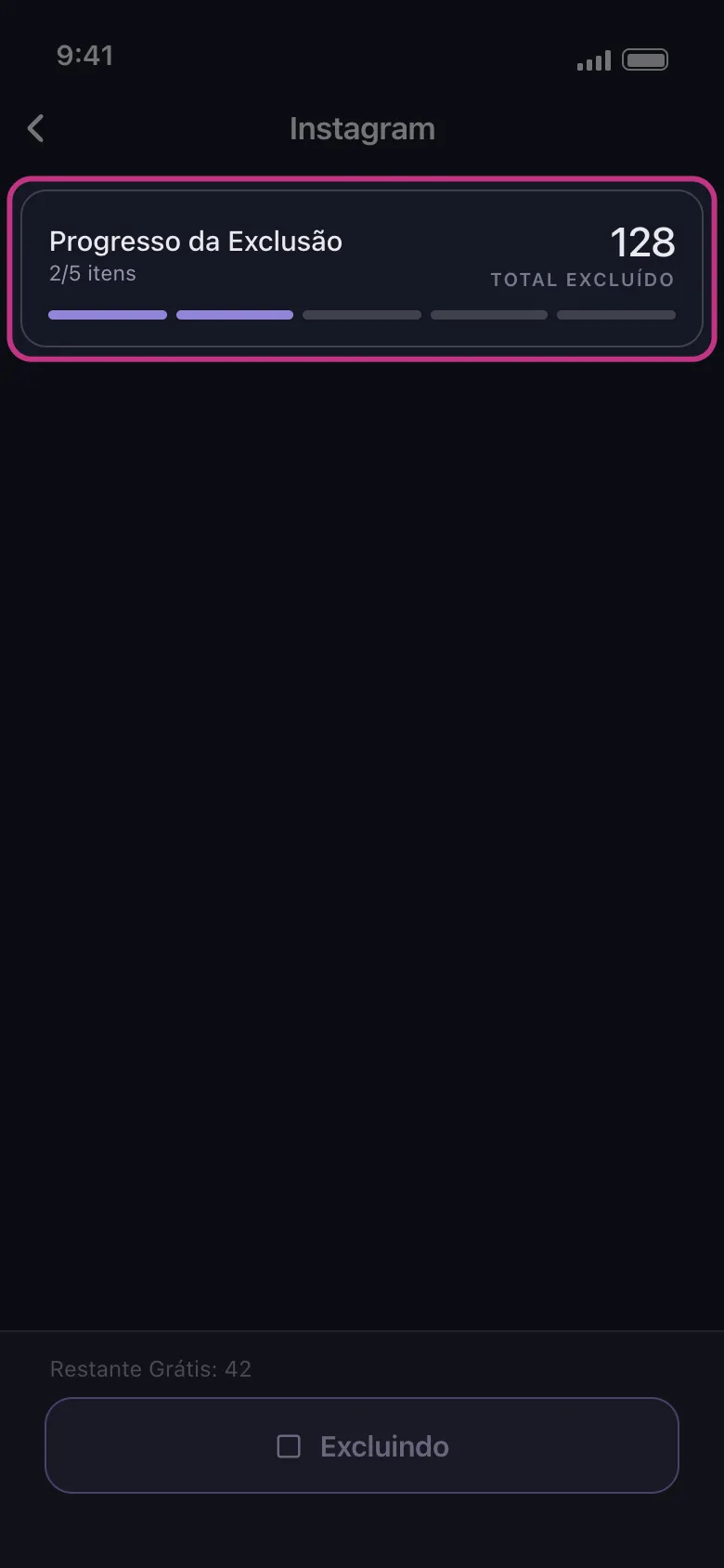 Cartão de progresso de exclusão do Unpost durante uma limpeza no Instagram, duas de cinco categorias concluídas