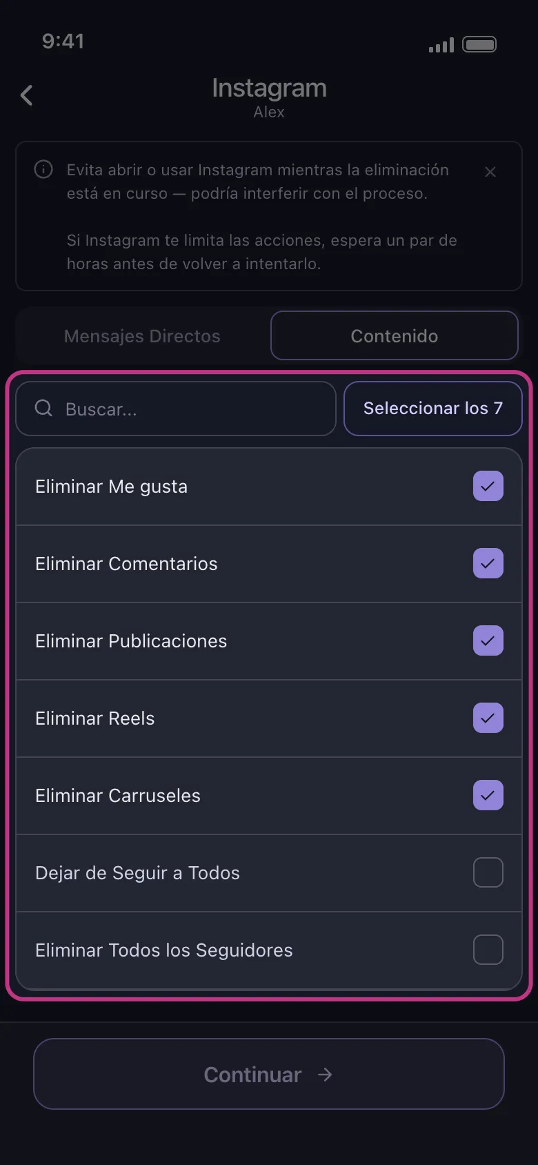 Selector de contenido de Instagram en Unpost con Publicaciones, Reels, Carruseles, Comentarios y Me gusta seleccionados