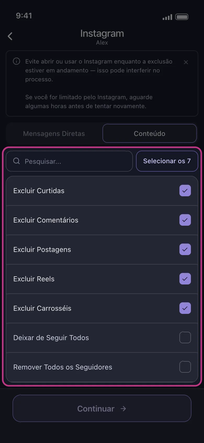 Seletor de conteúdo do Instagram no Unpost com publicações, reels, carrosséis, comentários e curtidas selecionados