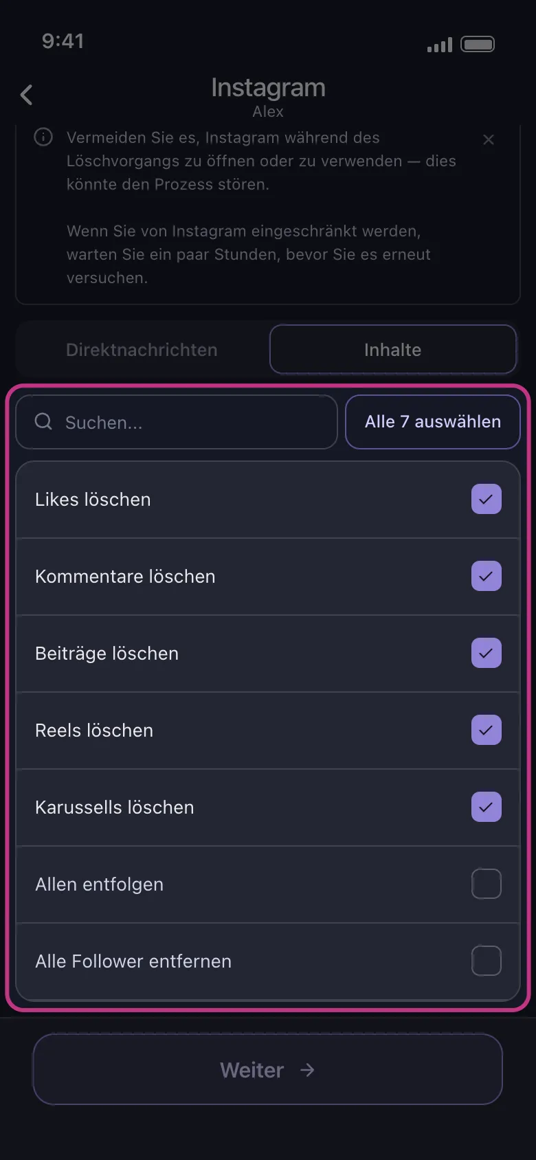 Unposts Liste der Instagram-Inhalte mit für die Massenlöschung angehakten Beiträgen, Reels, Karussells, Kommentaren und Likes