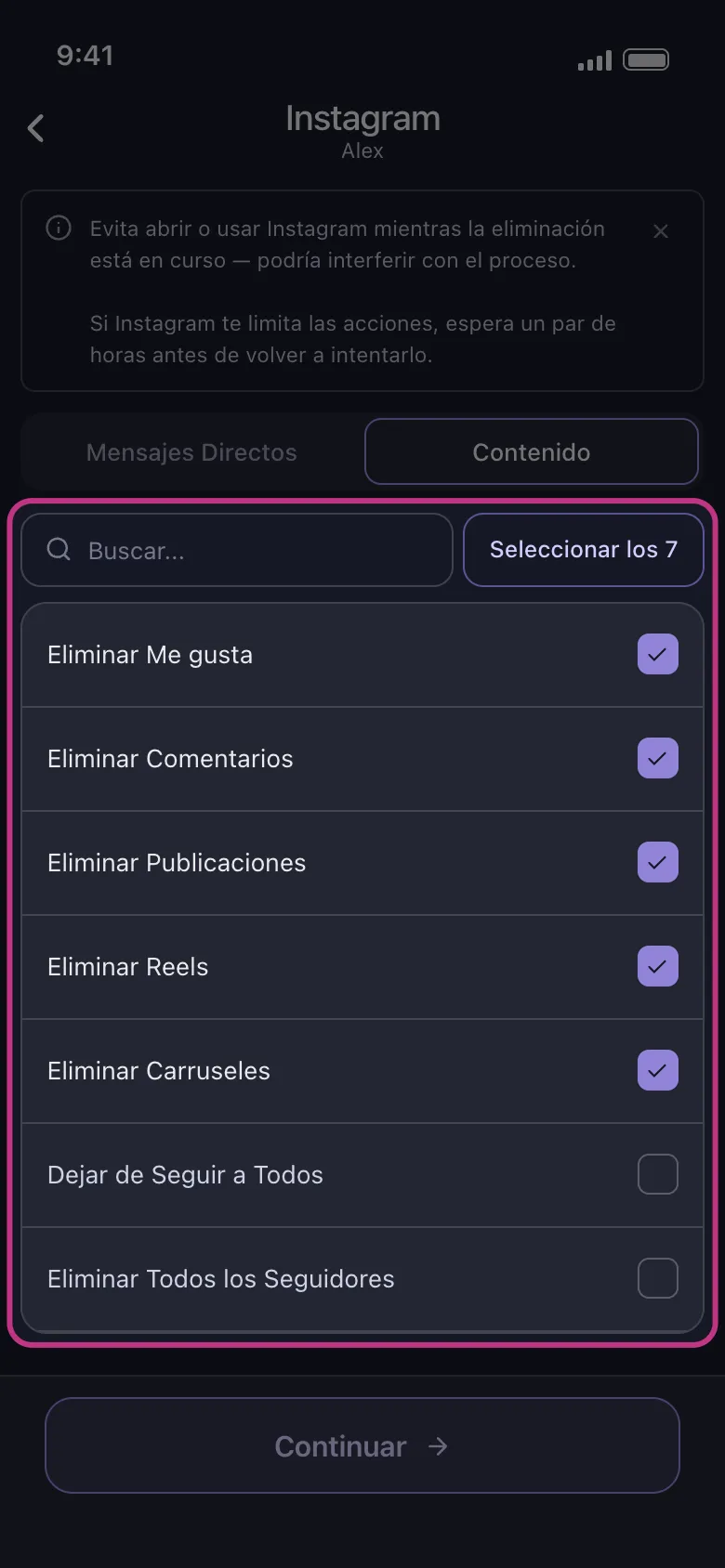 Lista de contenido de Instagram en Unpost con Publicaciones, Reels, Carruseles, Comentarios y Me gusta marcados para borrado masivo