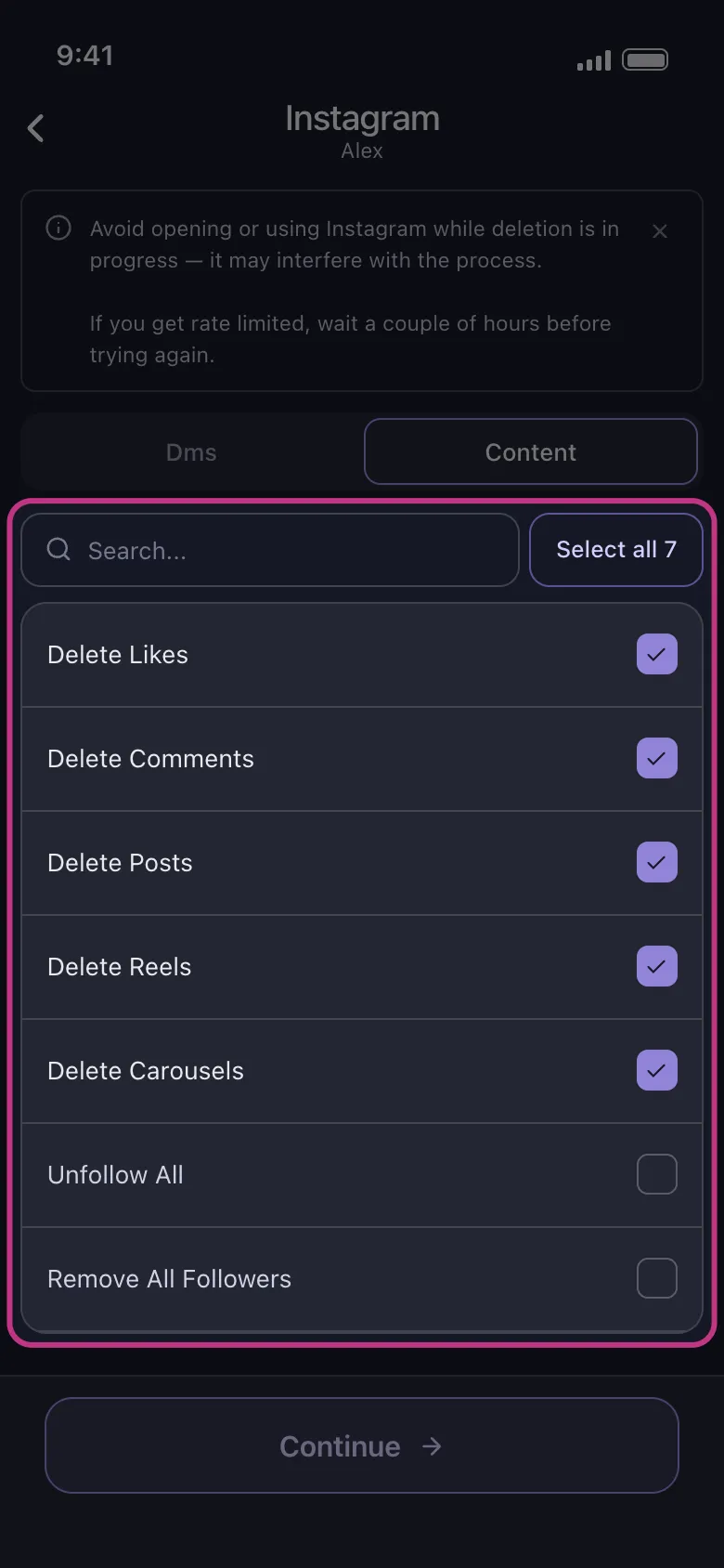 Unpost's Instagram content picker with posts, reels, carousels, comments and likes selected