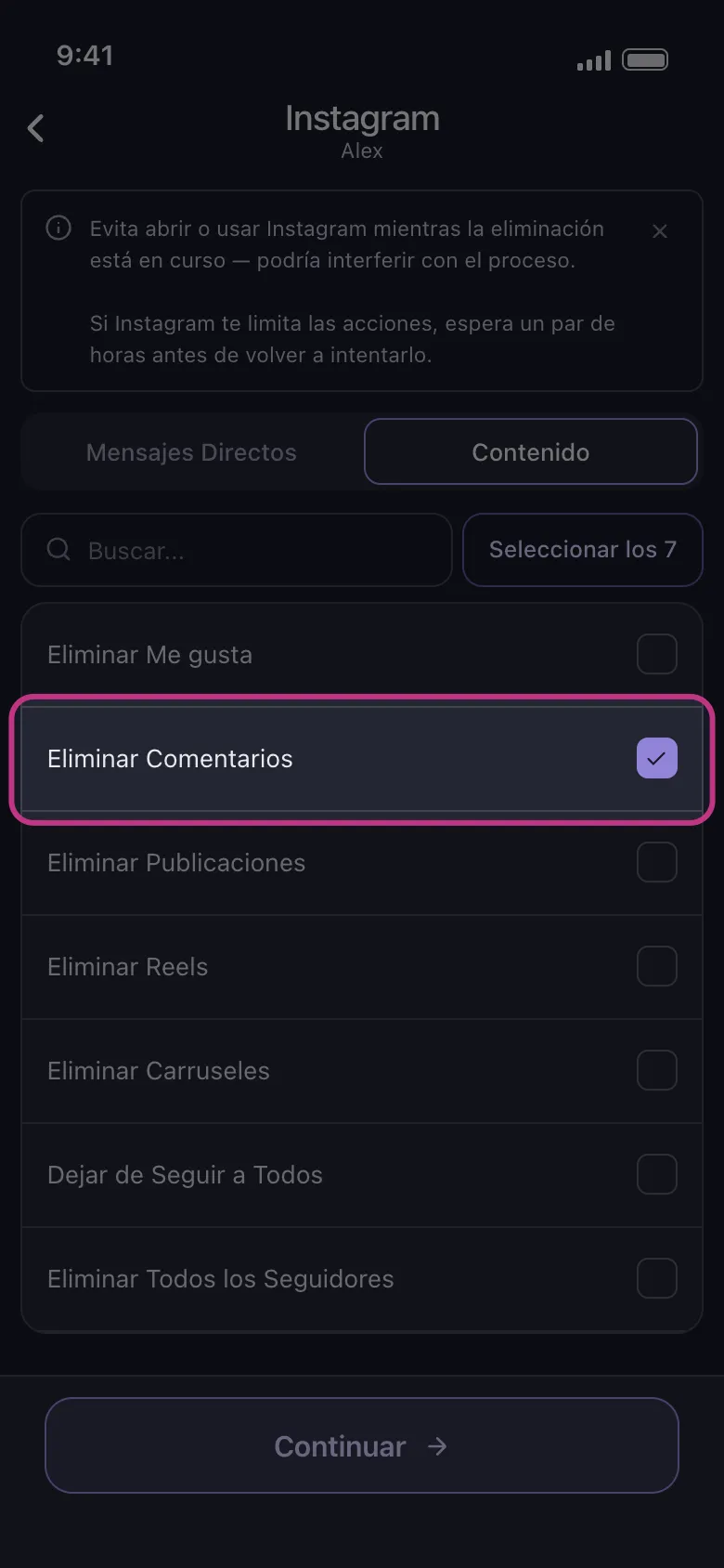 Selector de contenido de Unpost en Instagram con Eliminar Comentarios seleccionado