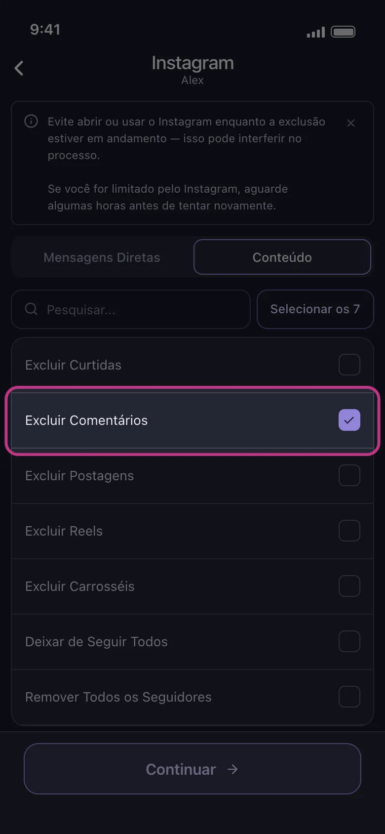 Seletor de conteúdo do Unpost no Instagram com Excluir comentários selecionado