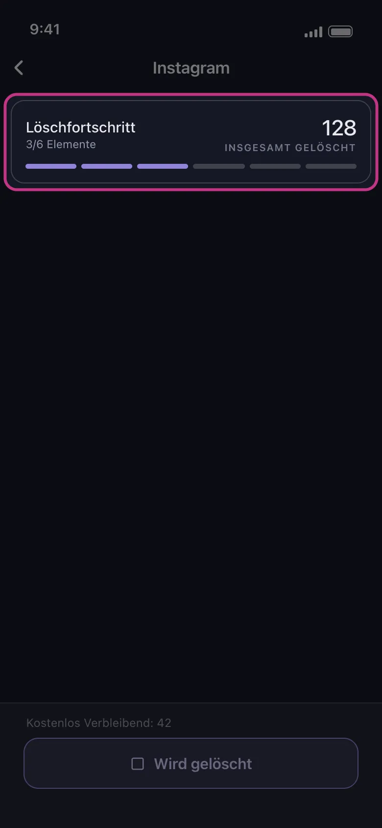 Unposts Fortschrittskarte während eines Instagram-Laufs mit erledigten Elementen und der Gesamtzahl gelöschter Kommentare