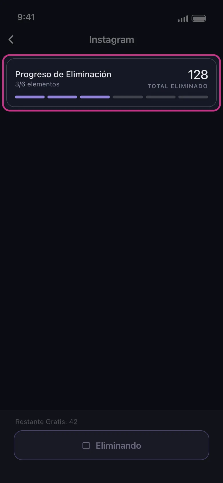 Tarjeta de progreso de borrado de Unpost durante un proceso en Instagram, con los elementos finalizados y el total eliminado