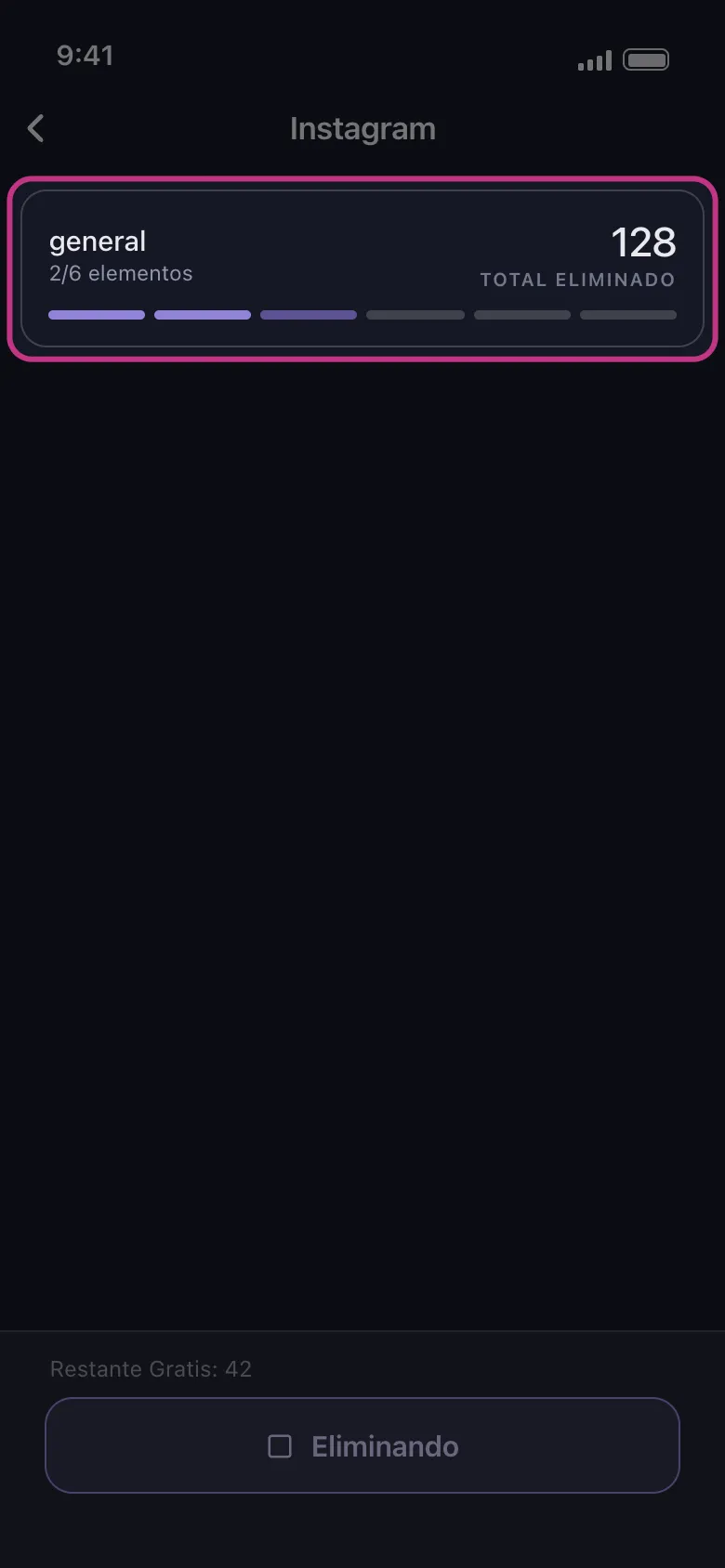 Tarjeta de progreso de Instagram en Unpost mostrando cuántos elementos se han eliminado hasta el momento