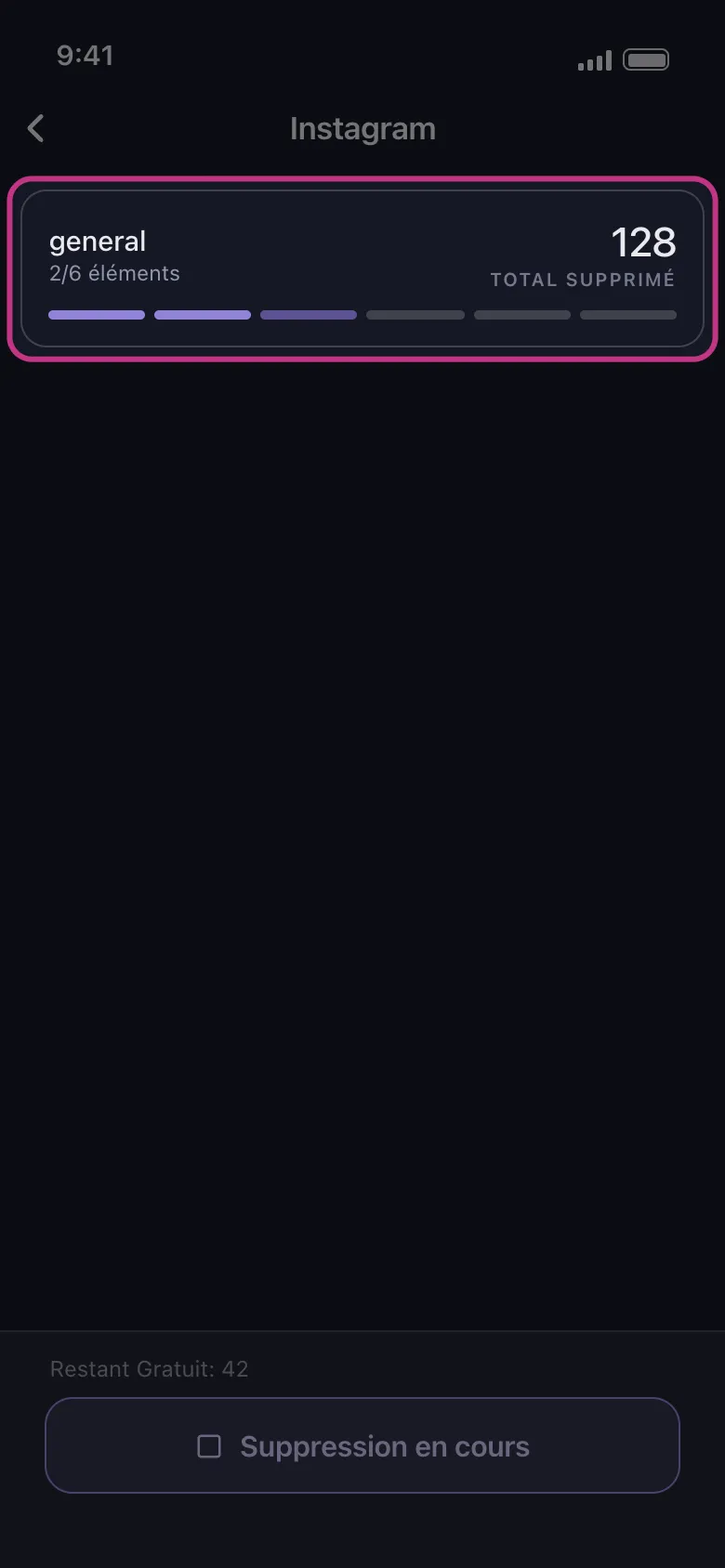 Carte de progression Instagram dans Unpost indiquant le nombre d'éléments supprimés jusqu'à présent