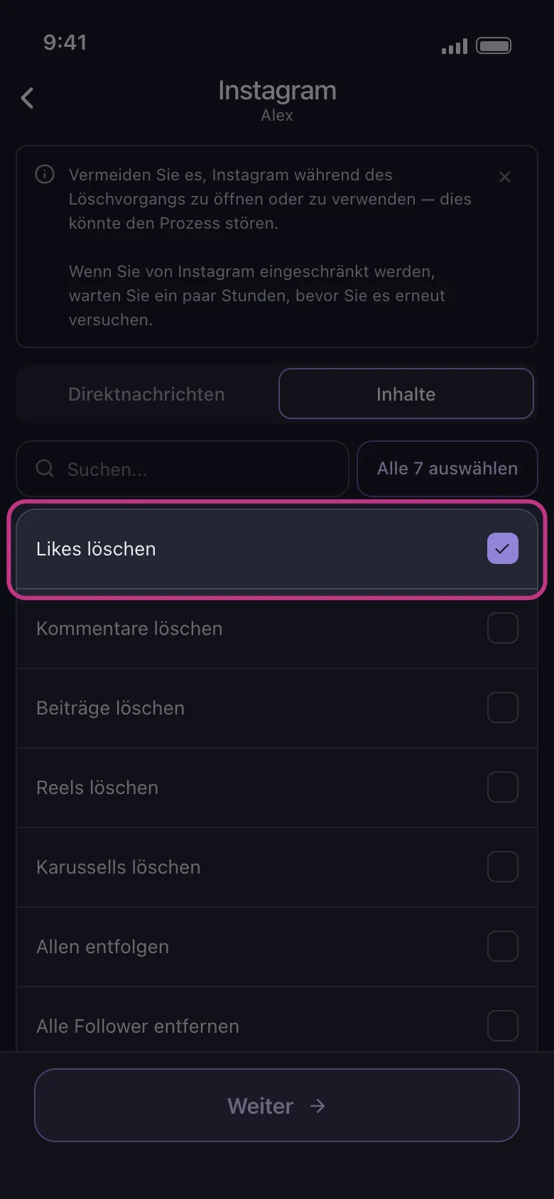 Unpost Instagram-Inhaltsliste mit ausgewähltem „Likes löschen“